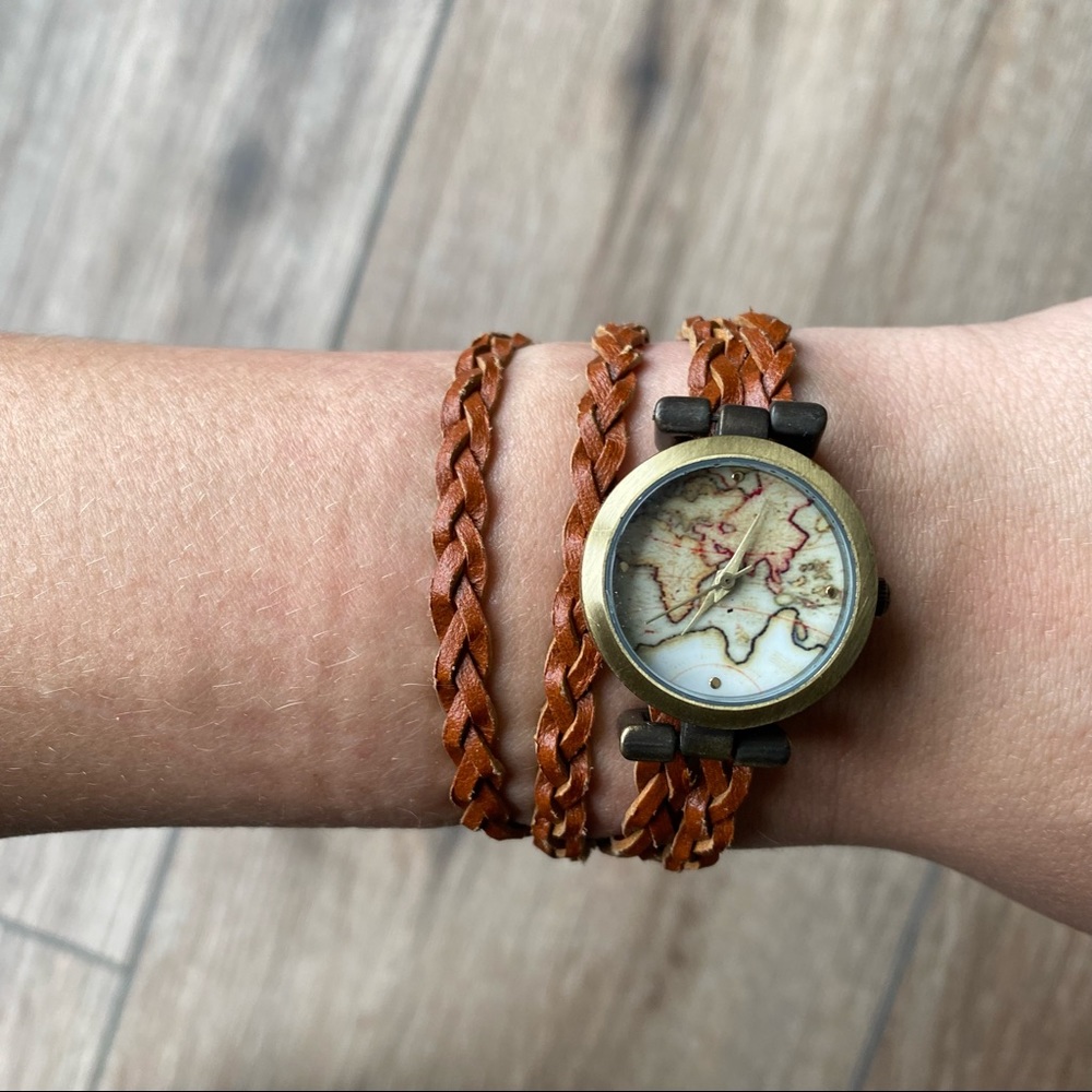 Francesca’s Brown Braided Wrap World Map Watch NWOT